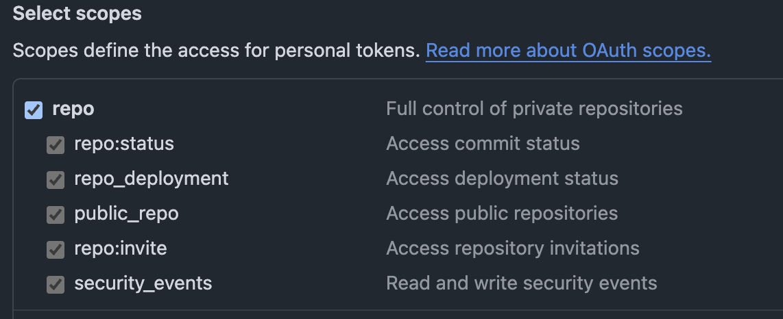 selection to create a github personal access token